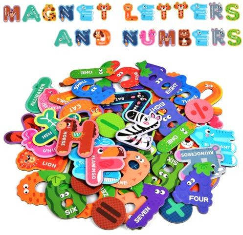 AUAUY Letras y NúMeros MagnéTicos NiñOs, 52 Imanes de Nevera para NiñOs, Incluye 26 Letras del Alfabeto, 20 NúMeros y 6 SíMbolos, Abecedario para NiñOs, Letras Montessori Juegos Infantiles para NiñOs