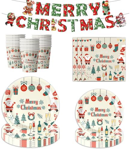 51 Pezzi Set Stoviglie Usa e Getta per Feste Natalizie- piatti di carta,Striscione,Tovaglioli e Bicchieri di carta usa e getta di Natale Festa di Natale, Festa di Capodanno
