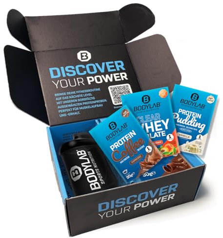 Bodylab24 Discovery Box, 6 x 30g Proteinpulver Probierpaket inkl. Shaker, mit 3 x Whey Protein und je 1 x Protein Coffee, Clear Whey Isolate und Protein Pudding, ideal zum Probieren