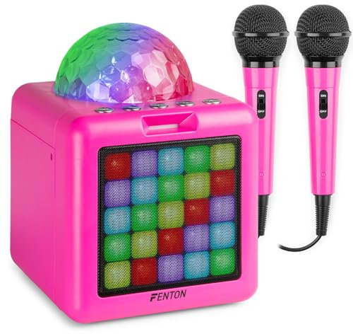 Fenton KAR15P Karaoke Portátil Bluetooth con 2 Micrófonos, Máquina Karaoke Infantil con Luces LED, Batería Recargable, USB-C, Bluetooth 5.3, 15W de Potencia, altavoz karaoke portátil de color rosa