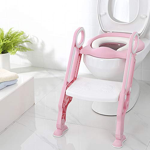 MENGDA Siège de Toilette pour Enfants, Reducteur Toilette Enfant, 2 en 1 Rehausseur Toilette Enfant, Tabouret d'escalier, Capacité de charge 75kg (Avec Escalier, Blanc + Rose)
