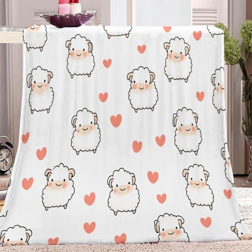 Kuscheldecke Flauschige Wolldecke mit Niedliches Lamm-Liebes-Herz Muster, Warme Sherpa Decke Wohndecke Sofadecke 200 x 200 cm Warme Super Weiche Kuscheldecke Rosa Weiß