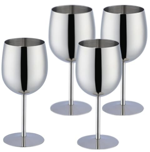 TEAHAHA Stainless Steel Wine Glasses Set of 4,350ml Fancy Unique Unbreakable Goblet Glass Set White Red Wine Stemmed Cocktail Glasses Metal Drink Champagne Goblet Party Wedding (Silver)