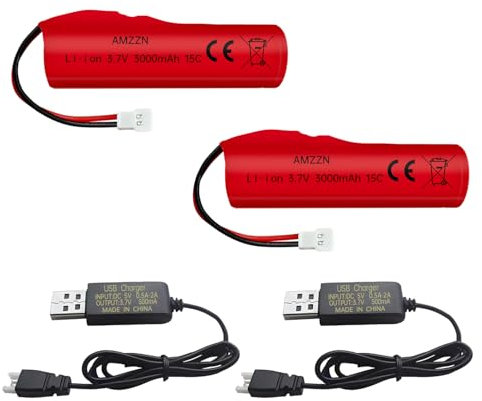 AMZZN 2PCS 3.7V 3000mAh Batteria agli ioni di litio con spina Molex e cavo di ricarica USB per veicoli di ingegneria RC,camion,auto da corsa in salita ad alta velocità,barche a telecomando