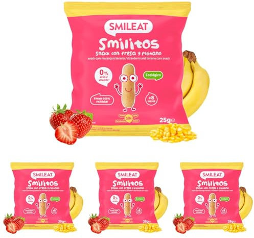 Smileat | Bolsas de Smilitos Ecológicos para Niños Sabor Fresa y Plátano | Gusanitos Saludable para Niños | Snack Saludable de Maíz | Alternativa Merienda Infantil Sana | 1 Bolsa de 25 g