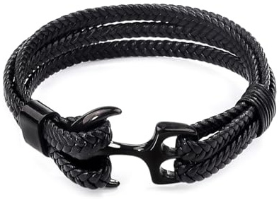 Lantine Edelstahl Anker Armband Herren Lederarmband Herren Schwarz für Ehemann Vater Sohn 21Cm
