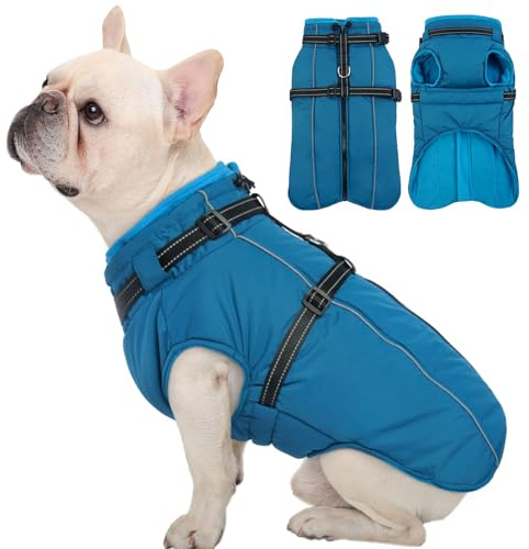 Kuoser Hundemantel für Kleine Hunde Winter, wasserdichte Hundejacke mit Geschirr, Warmer Hunde Wintermantel mit Fleece, Fleecemantel Hundepullover Blau S