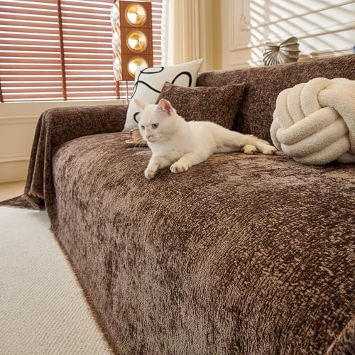 ROOMLIFE Brauner Sofabezug im Vintage-Stil, Boho-Couchbezug für 3-Sitzer, weicher Chenille-Sofabezug für Hunde, waschbare Möbel-Sofa-Schutzdecke mit Quaste für Wohnzimmer, 180 x 34 cm