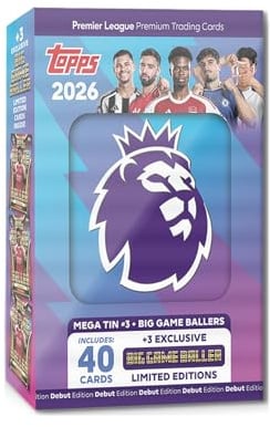 Topps Premier League 2026 - Debut Edition - Mega Tin (Big Game Baller). Contains 40 cards plus 3 Big Game Baller LE cards.