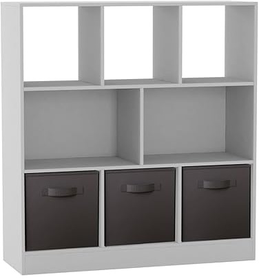 URBNLIVING 8-Cube White Bookcase Shelf Unit – Asymmetrical Storage Organizer with 3 Fabric Drawers for Home or Office - Black