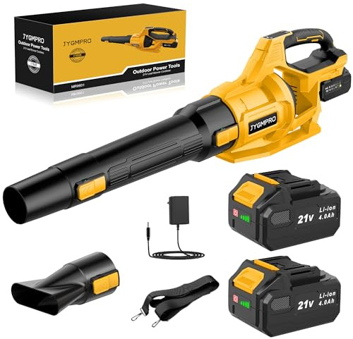 JYGMPRO 21V Souffleur Batterie, Souffleur de Feuilles sans Fil avec 2 Batteries 4,0Ah, 2 Tubes de Soufflage, 3 Vitesses, Bandoulière pour Souffler Les Feuilles, la Neige, la Poussière et Les Débris
