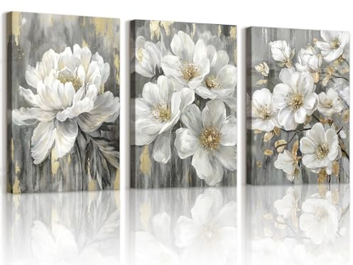 WENGTIAO 3 Stück Grau Weiß und Goldene Blumen Leinwand Bilder Kunstdrucke | Vintage Abstrakt Geblümt Gemälde auf Leinwand für Modern Wanddeko Wohnzimmer Schlafzimmer 40x60cmx3