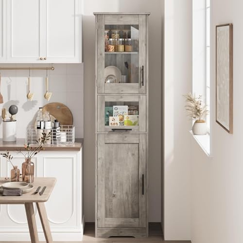 Zstar Mueble Alto De 170 Cm, Estante De Madera con Puerta De Cristal, Organizador Independiente con Estantes Regulables, 1 Cajón Transparente para Baño, Cocina y Salón, Gris.