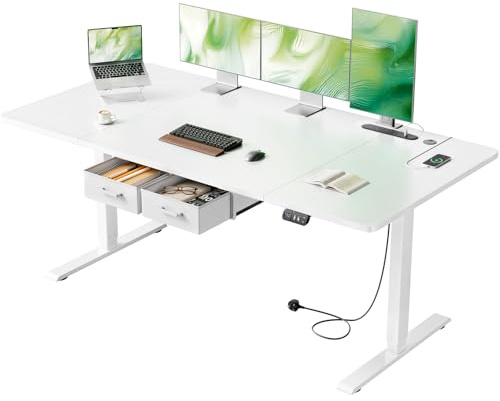 Precision Synergie 160x80cm Electric Standing Desk, 2 Drawers, Power Outlet | Height Adjustable Sit Stand Desk, 72-117 cm, 2 Memory Smart Pannel, Equipped with 3 USB Ports, Ideal for Home Office, White