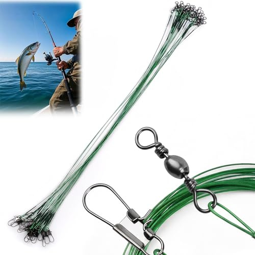 KIMHOME 20 cm grüne Angelhaken mit Vorfach (22,7 kg Test), 20 Stück robuster Anti-Bissdraht, korrosionsbeständiger Kohlenstoffstahl, geschärft für Hecht, Raubfische & Süß-/Salzwasserangeln