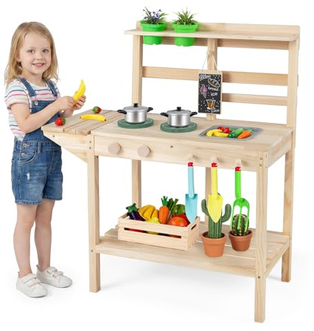 HOMASIS Cucina da Esterno per Bambini in Legno con 2 Piani Cottura | Set da Gioco Realistico con 2 Vasi di Fiori, Lavagna, Piano Laterale, Ripiano Inferiore e Ganci, per Bambini 3+ Anni