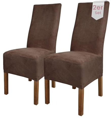Scheffler Home Stuhlhussen Braun 2er Set Velours Stretch Leon | Elastische und waschbare Stuhlbezüge,Öko-Tex zertifiziert,für Esszimmerstühle, Hochlehner und Polsterstühle