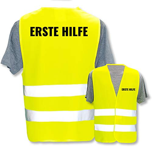 Bedruckte Warnwesten mit ISO-Leuchtstreifen * Standard- oder Reflex-Druck * Erste Hilfe und Brandschutz * Begriff: Erste Hilfe * Farbe (Größe): Gelb (M/L)