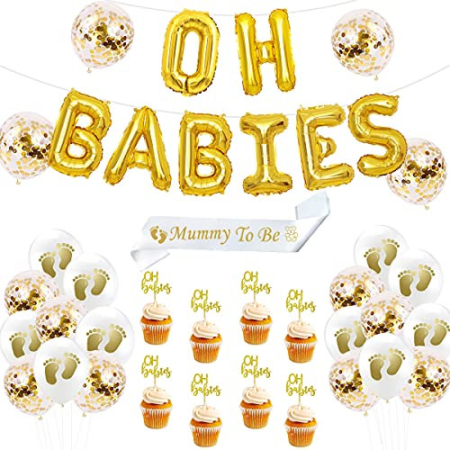 JOYMEMO Zwillinge Baby Dusche Dekoration Set Gold mit Oh Babys Ballon Banner Cake Topper für Jungen oder Mädchen