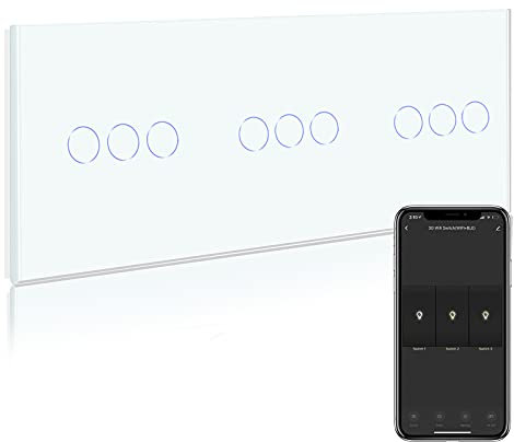 BSEED WiFi Interruptor de Luz 3 Gang 2 Vías Triple Interruptor Inteligente con panel de vidrio Blanco,Compatible con Alexa y Google Home, Control de APP y Función de Temporizador-Neutral Requerido