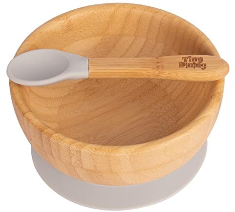 Children's Bamboo Dinner Dessert Cereal Bowl with Soft Tip Silicone Spoon Set - Great for Baby Toddler Weaning - Eco Friendly Kids Food Bowls - By Tiny Dining (Grey)