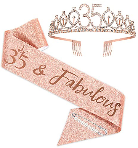 35. Geburtstagsschärpe und Tiara, Roségold-Geburtstagsschärpe Krone 35 & Fabulous Schärpe und Tiara für Frauen, 35. Geburtstagsgeschenke für alles Gute zum 35. Geburtstagsgeschenk