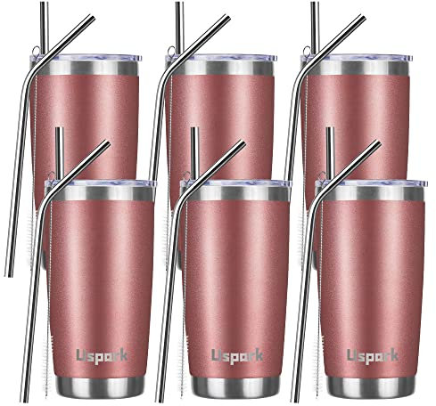 UsparkMC 550ml Thermo Trinkbecher aus Edelstahl mit Strohhalm,20oz Coffee to go Becher mit Deckel, Doppelwandig Vakuum Isolierbecher für heißen und kalten Kaffee (6pack 20oz/550ml,rose gold)