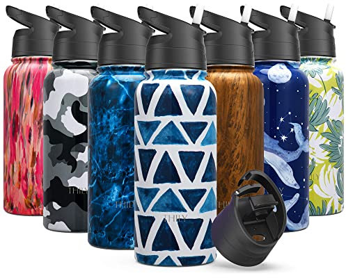 Isolierte Wasserflasche aus Edelstahl - THILY Triple Insulated 945 ml Leakproof Wide Mouth Water Flask Mug mit 2 Deckeln und Strohhalmen, für Fitnessstudio, Reisen, Wandern, Blaues Dreieck