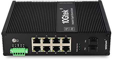 10Gtek 10-Port Industrial DIN-Rail Ethernet Switch Hutschiene, POE 802.3af/at, IP40, 2X Gigabit SFP Slot mit 20-km SFP Transceiver, G0208i-P08, DIN-Rail Mount（Power Supply is not Included）