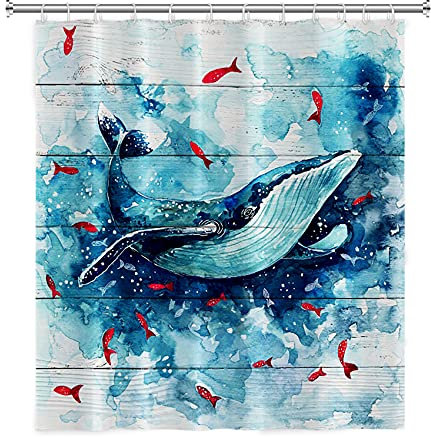 SDOTPMT 122x183cm Baleine Bleue Rideau de Douche pour Les Enfants Monde océanique Mignon Rouge Poisson Hilarant Animal Vague de mer Planche de Bois Rideau de Bain pour Bain avec Crochets