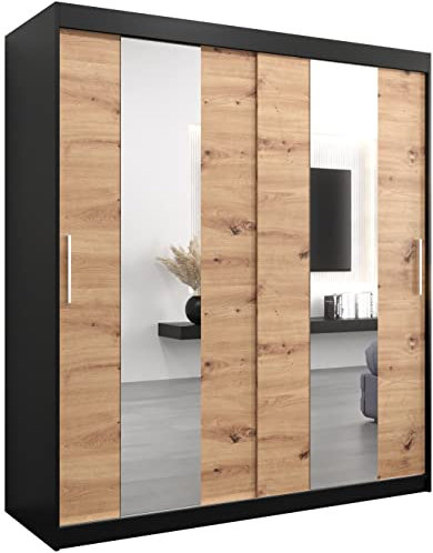 MEBLE KRYSPOL Pole 180 Schlafzimmerschrank mit Zwei Schiebetüren, Spiegel, Kleiderstange und Regalen – 180x200x62cm - Mattschwarz + Artisan