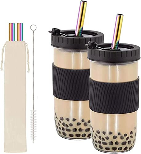 Tassen, Becher, Thermosbecher for Zuhause und unterwegs, Einmachglas-Becher, 2er-Pack Boba Bubble Tea-Becher, wiederverwendbare Weithals-Smoothie-Becher, Eiskaffeetassen mit Deckel und Strohhalmen, Re