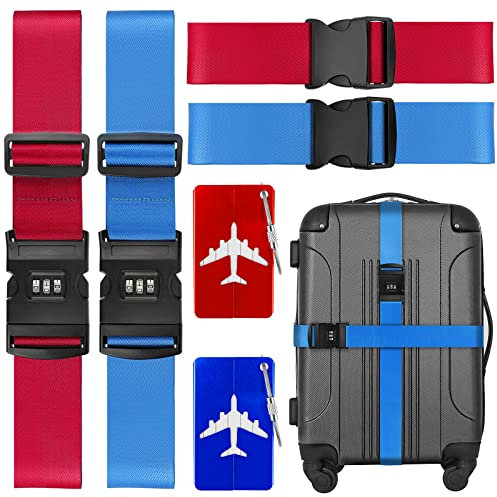 Luggage Straps for Suitcases,4 Pack Adjustable Suitcase Straps with Password Lock Clip, Extra Long 230 & 200 CM for 10-34 Suitcase, Bungee Straps with Suitcase Tags Travel Accessories (Red & Blue)