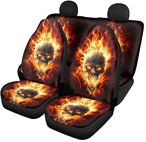 Belidome Autositzbezüge, Motiv: Feuerschädel, komplettes Set, für Damen und Herren, Auto-Dekoration, universell, weich