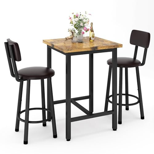 3 Piece Bar Table and Chairs Set for 2, Counter Height Square Pub Dining Set, Bar Table and Stools for 2, Wood Top Bistro Set with Backrest PU Bar Stools for Breakfast Nook Small Kitchen & Living Room
