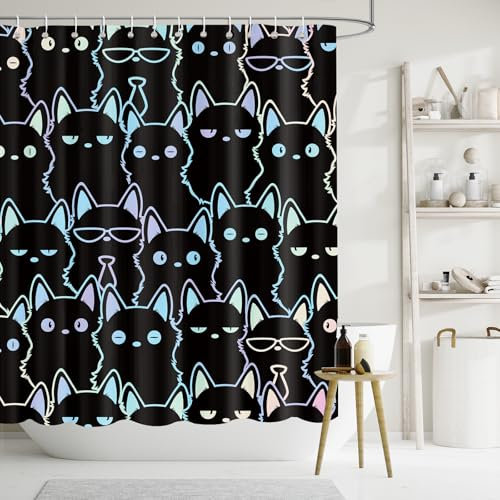 APROPHIC Divertente Gatto Tenda da Doccia, Nero, Simpatico Motivo Animale, Gattino Freddo, Bagno Tenda da Doccia, Decorativo, Impermeabile, Astratto, 12 Ganci Set di Tende da Doccia, 182x182cm