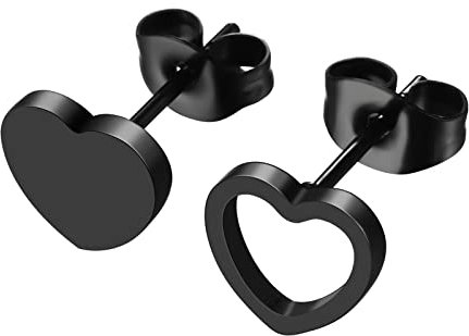 JewelryWe Schmuck Herz Ohrstecker Edelstahl Klassische Asymmetrische Herzen Ohrringe Ohr-Piercings Ohrschmuck für Herren Damen Schwarz