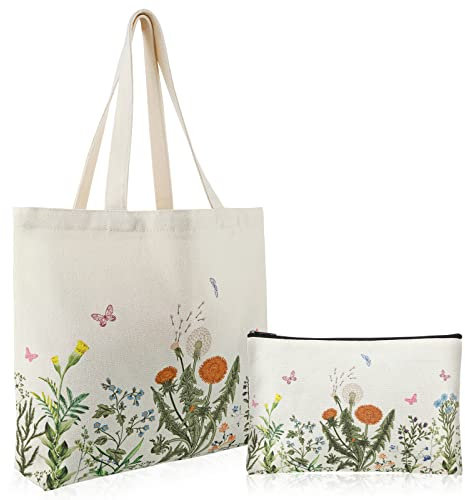 Prasacco 2 borse tote in tela, graziose, estetiche, con cerniera, floreale, vintage, per donne e ragazze, colore bianco, bianco, Double