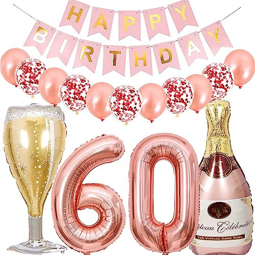 Dalettu Luftballon 60. Geburtstag Deko Frau, Folienballon Weinflasche Sektflasche Rose Gold Helium Ballon Deko, Geburtstagsdeko 60 Jahre Frauen, Happy Birthday Banner für 60 Jahr Geburtstag Party Deko