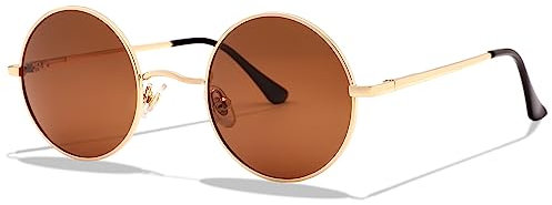 LOJUDI Polarisiert Sonnenbrille Rund Herren und Damen Retro Klein Runde Gläser Vintage Brille mit Metallrahmen UV400 Schutz (Gold/Braun Gläser)