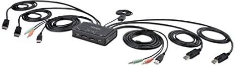 StarTech.com 2-Port Dual-Monitor DisplayPort Cable KVM Switch, 4K 60Hz, Compact KVM with 5ft/1.5m USB-A/DisplayPort/Audio Integrated Cables, Bus Powered, Remote/Hotkey Switching (C2-DD46-UA2-CBL-KVM)