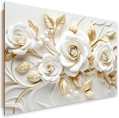 Feeby Bilder Gold 3D Blumen Botanik 90x60 cm 1 tlg Schlafzimmer Modern Deco Panel MDF Kunstdruck Wand Bild Wanddeko Design Wohnzimmer Büro Flur Hotel Spa Pflanzen Blumenmotiv Natur Weiß