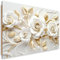 Feeby Bilder Gold 3D Blumen Botanik 90x60 cm 1 tlg Schlafzimmer Modern Deco Panel MDF Kunstdruck Wand Bild Wanddeko Design Wohnzimmer Büro Flur Hotel Spa Pflanzen Blumenmotiv Natur Weiß