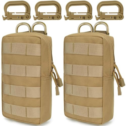 MUCHER 2 Pack Molle Tasche Taktische Hüfttaschen EDC Utility Bauchtasche Hüfttasche mit 4 Haken Rucksack-Zusatztaschen für Outdoor Wandern Jagdcamping Training (L, Khaki)