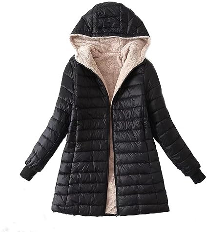 Womens Puffer Down Jacket Winter Fleece Lined Jackets Warm Faux Fur Long Coat Ladies Quilted Zip Puff Coats Waterproof Padded Overcoat Outdoor Ski Hiking Thicken Outwear with Pockets Hooded