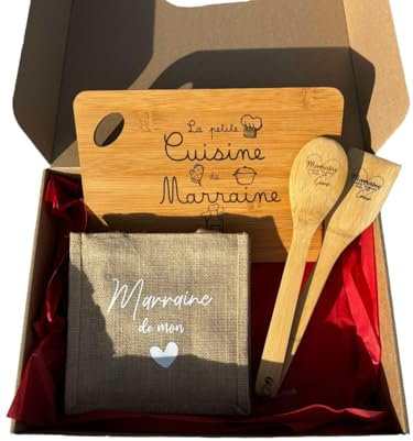 Cadeau Marraine Original – Box Cadeau avec Planche 20x30 cm, Lot de Cuillères en Bois Gravées et Sac en Jute | Idée Cadeau Pour Noël, Anniversaire ou Fête des Marraines