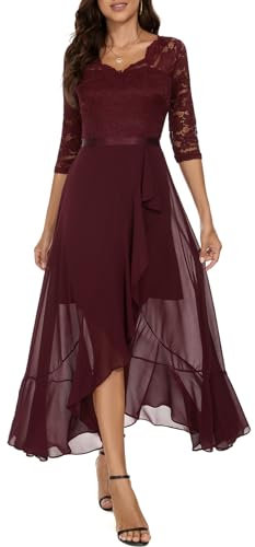 Bboninedress Robe Femme Chic et Elegant de Mariée Soirée Cocktail Asymétrique pour Gala Anniversaire Mariage Dirty Dacing Cérémonie Témoin Col en V Burgundy L