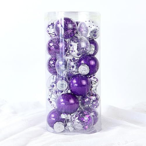 Zoegneer 24 Stück Weihnachtskugel, 6 cm, Glitzerkugel, Weihnachtsbaumkugeln, Kunststoff, Weihnachtsbaumschmuck (lila)