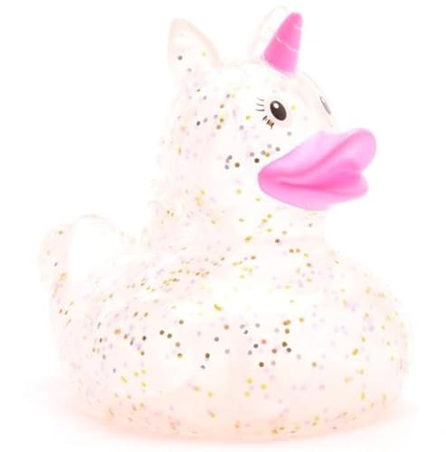 Duckshop I Badeente Einhorn Glitzer I Quietscheente Unicorn L: 9cm I inkl. Quietscheentchen-Schlüsselanhänger im Set I Geschenk für Märchen-Fans I Präsent Sammler