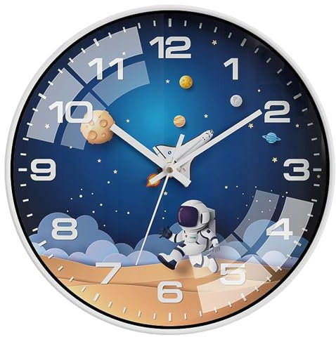 ALEENFOON 30cm Horloge Murale pour Enfants, silencieuse et sans tic-tac Astronaute Horloge Murale Ronde pour Chambre à Coucher, Salle de Classe, Chambre d'enfant